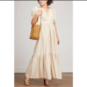 XIRENA Tan Sand Larken Puff Sleeve cotton vneck Maxi Dress Meidum perfect condit